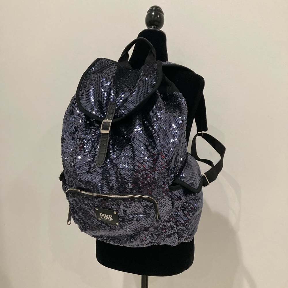 NEW Victoria Secret PINK Black/Dark Blue Sequins on Black Canvas Backpack